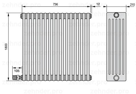 Схема (чертеж) Радиатор Zehnder Charleston 6180/16 №V004 Белый глянцевый RAL 9016